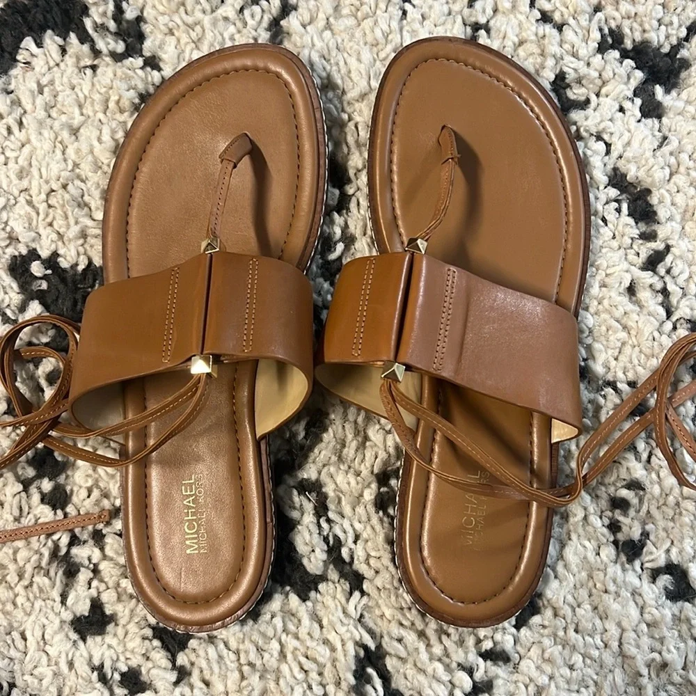 Michael Kors Brown Leather Wrap Sandals - Picture 2 of 5